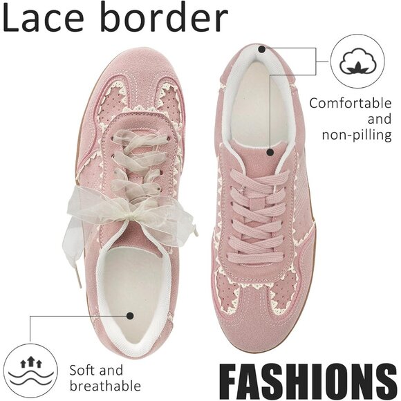 Women's Light Pink Casual Crochet Ribbon Ballet Trendy Spring Sneakers Shoes - Picture 7 of 9